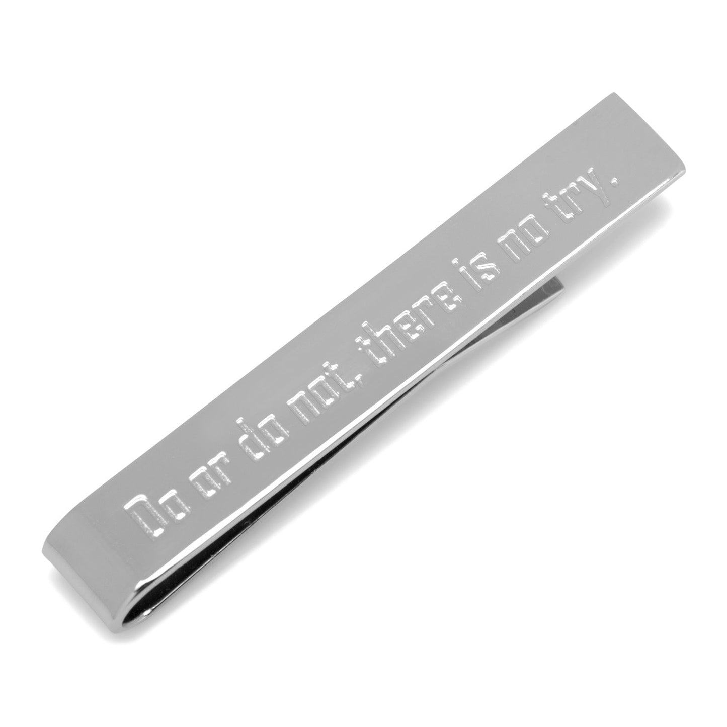 The Cufflinks.com Star Wars Yoda "There Is No Try" Tie Bar features a polished silver finish engraved with Yoda's iconic message.