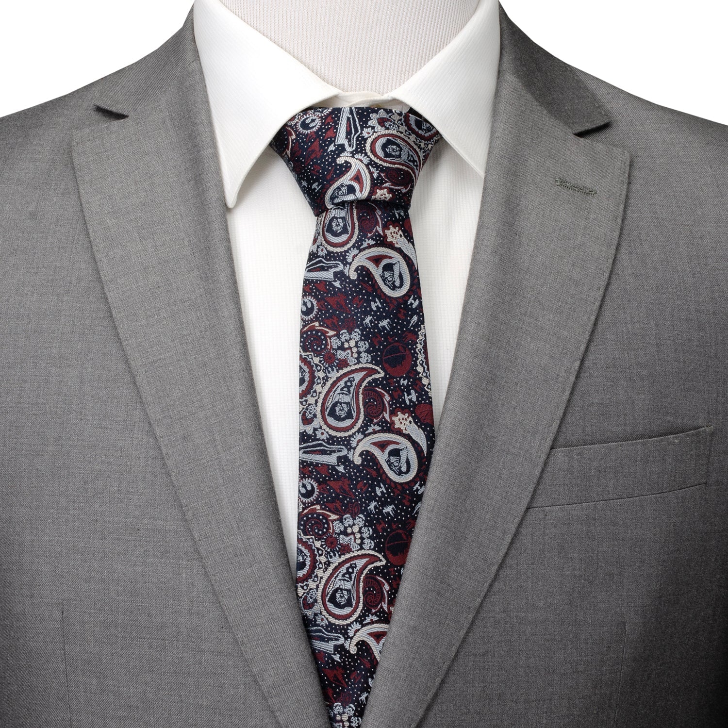 The Star Wars Darth Vader Navy Multicolored Paisley Tie by Cufflinks.com features a paisley pattern in red, white, and gray on navy—an officially licensed silk tie from Lucasfilm.