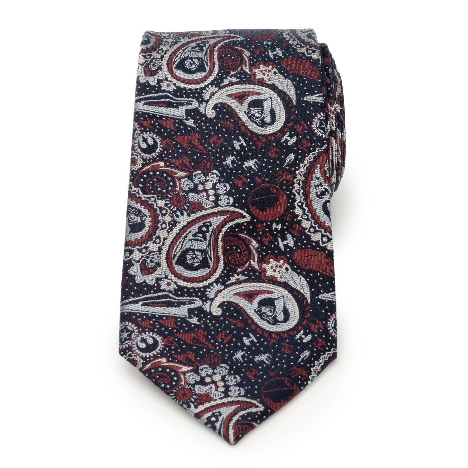 The Star Wars Darth Vader Navy Multicolored Paisley Tie by Cufflinks.com features a paisley pattern in red, white, and gray on navy—an officially licensed silk tie from Lucasfilm.