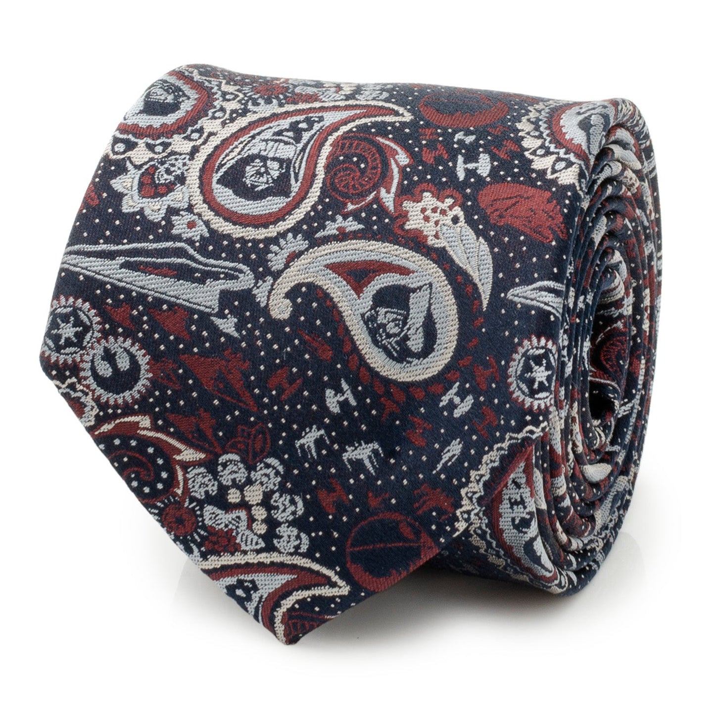 The Star Wars Darth Vader Navy Multicolored Paisley Tie by Cufflinks.com features a paisley pattern in red, white, and gray on navy—an officially licensed silk tie from Lucasfilm.
