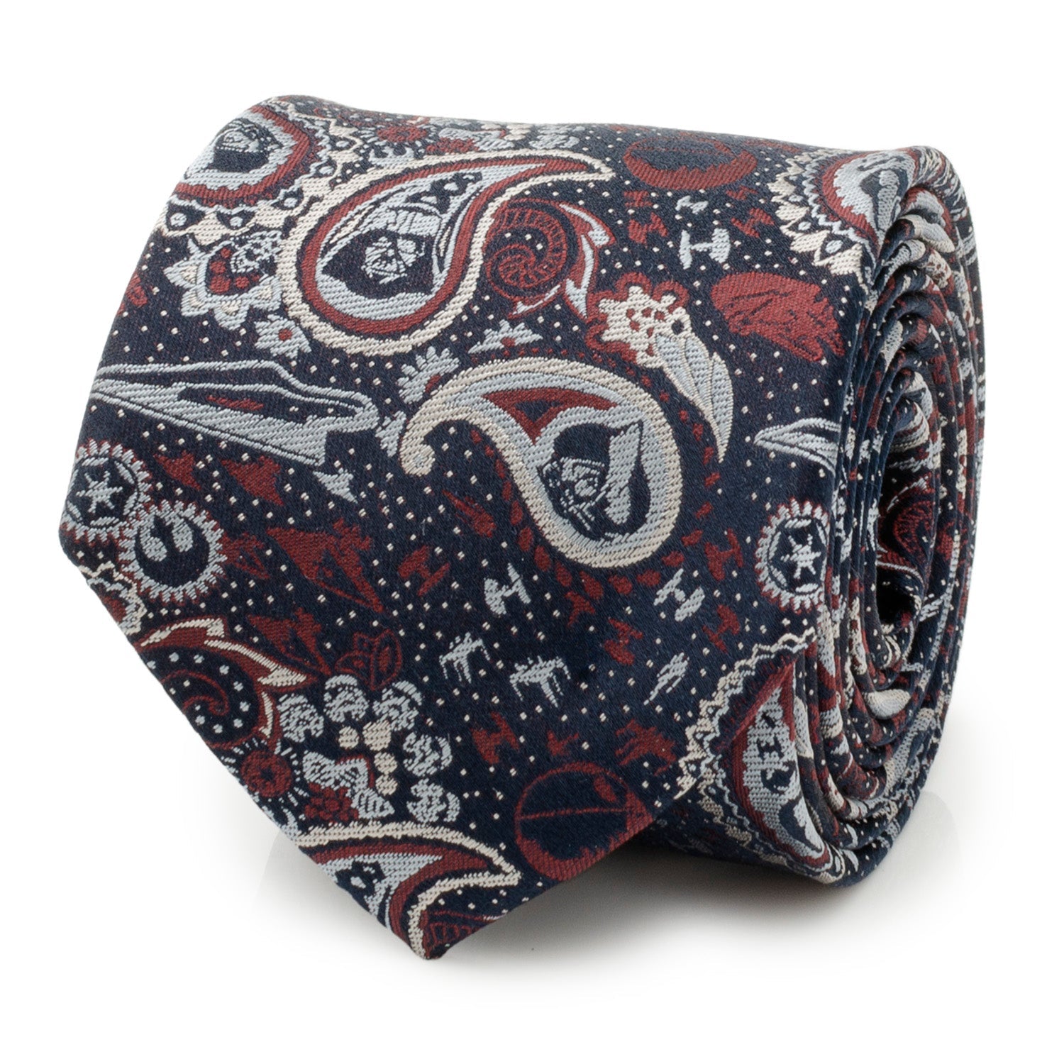 The Star Wars Darth Vader Navy Multicolored Paisley Tie by Cufflinks.com features a paisley pattern in red, white, and gray on navy—an officially licensed silk tie from Lucasfilm.