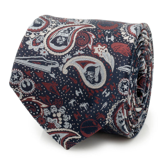 The Star Wars Darth Vader Navy Multicolored Paisley Tie by Cufflinks.com features a paisley pattern in red, white, and gray on navy—an officially licensed silk tie from Lucasfilm.