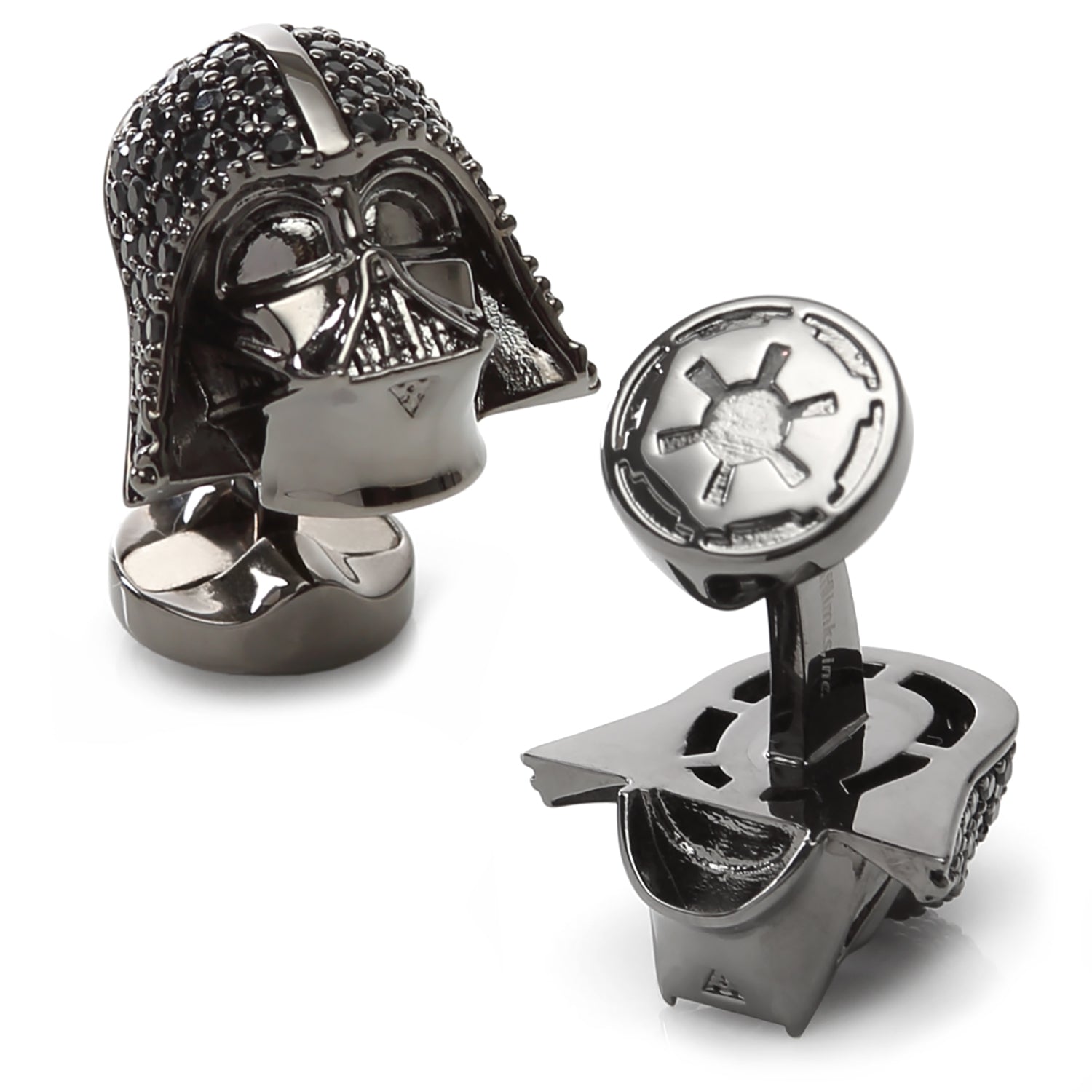 The Star Wars Darth Vader Crystal 3D Cufflinks by Cufflinks.com feature his iconic helmet and Galactic Empire symbol—shown from multiple angles on a white background—the perfect collectible accessory for any fan.