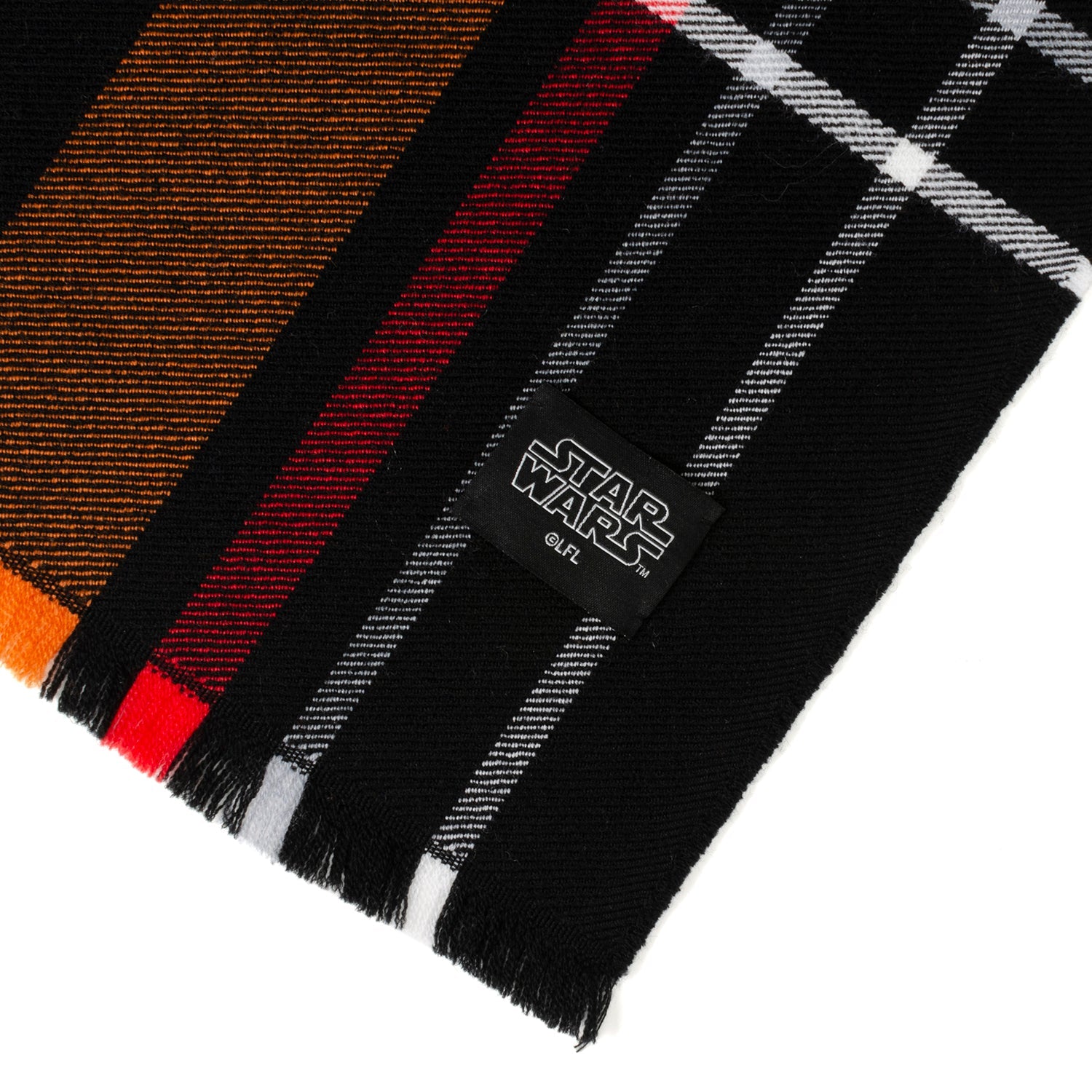 The Star Wars Darth Vader Black Tartan Scarf by Cufflinks.com features orange, black, red, and brown plaid, fringe edges, and Star Wars-inspired embroidered patches.
