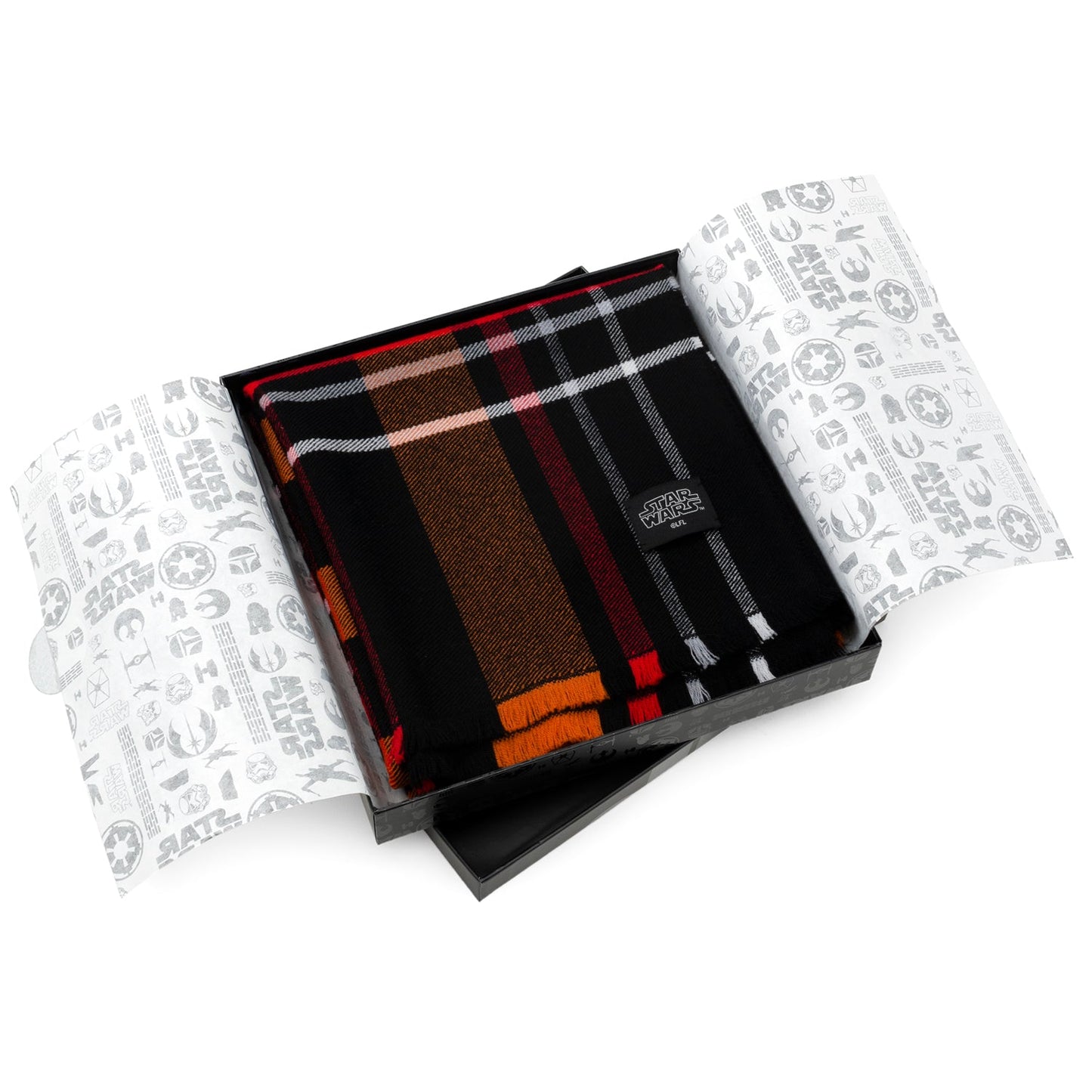 The Star Wars Darth Vader Black Tartan Scarf by Cufflinks.com features orange, black, red, and brown plaid, fringe edges, and Star Wars-inspired embroidered patches.