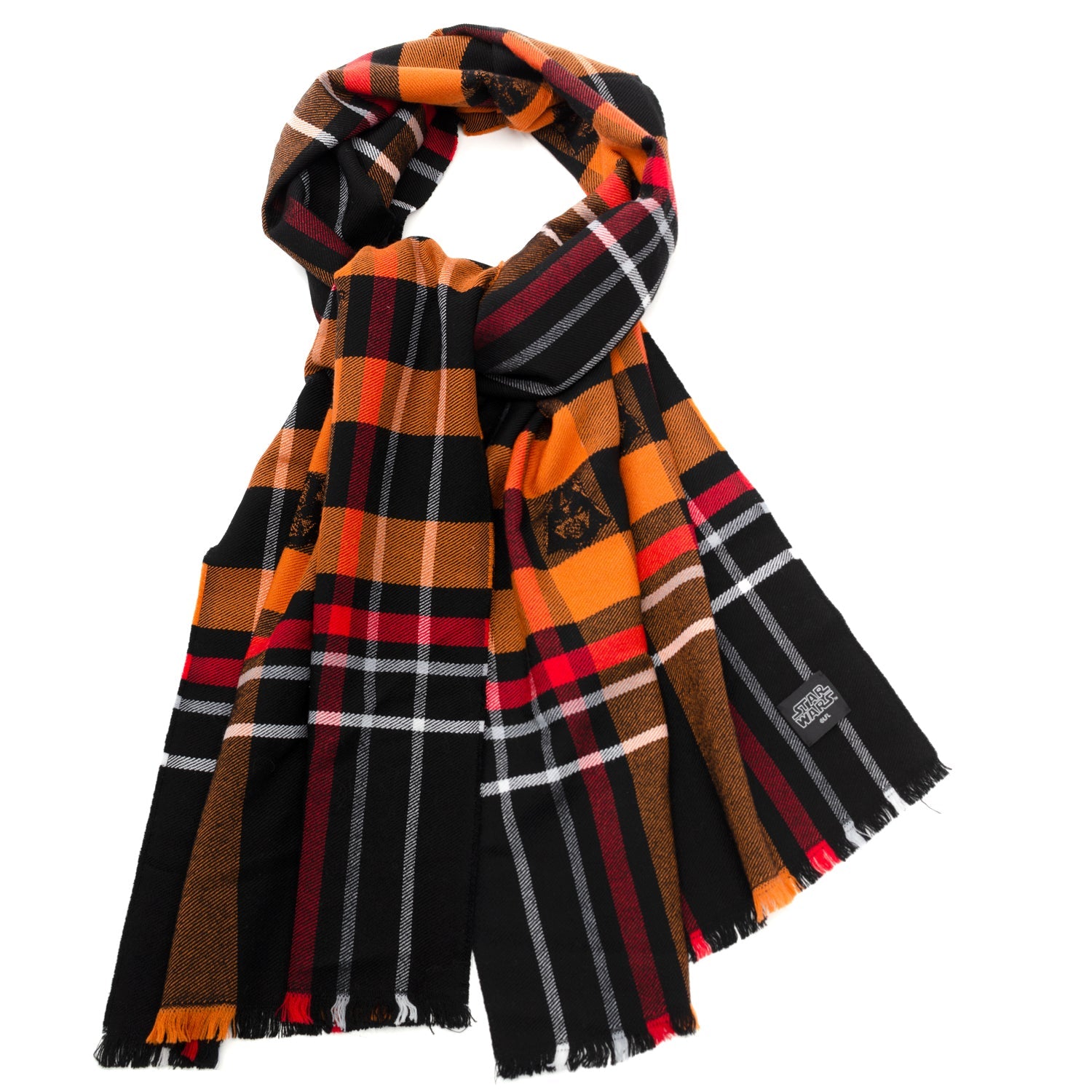 The Star Wars Darth Vader Black Tartan Scarf by Cufflinks.com features orange, black, red, and brown plaid, fringe edges, and Star Wars-inspired embroidered patches.