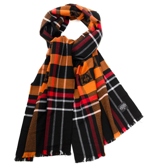 The Star Wars Darth Vader Black Tartan Scarf by Cufflinks.com features orange, black, red, and brown plaid, fringe edges, and Star Wars-inspired embroidered patches.