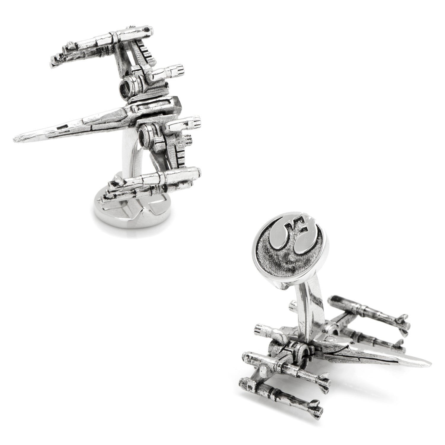 The Star Wars X-Wing 3D Cufflinks by Cufflinks.com are shaped like iconic starfighters, featuring the Rebel Alliance symbol on the back—ideal for Poe Dameron fans.