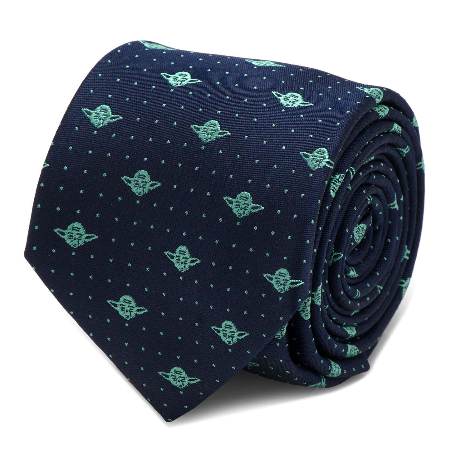 The Star Wars Yoda Dotted Navy Tie by Cufflinks.com features a playful pattern of small green Grogu faces and dotted accents—a fun accessory for Star Wars fans.
