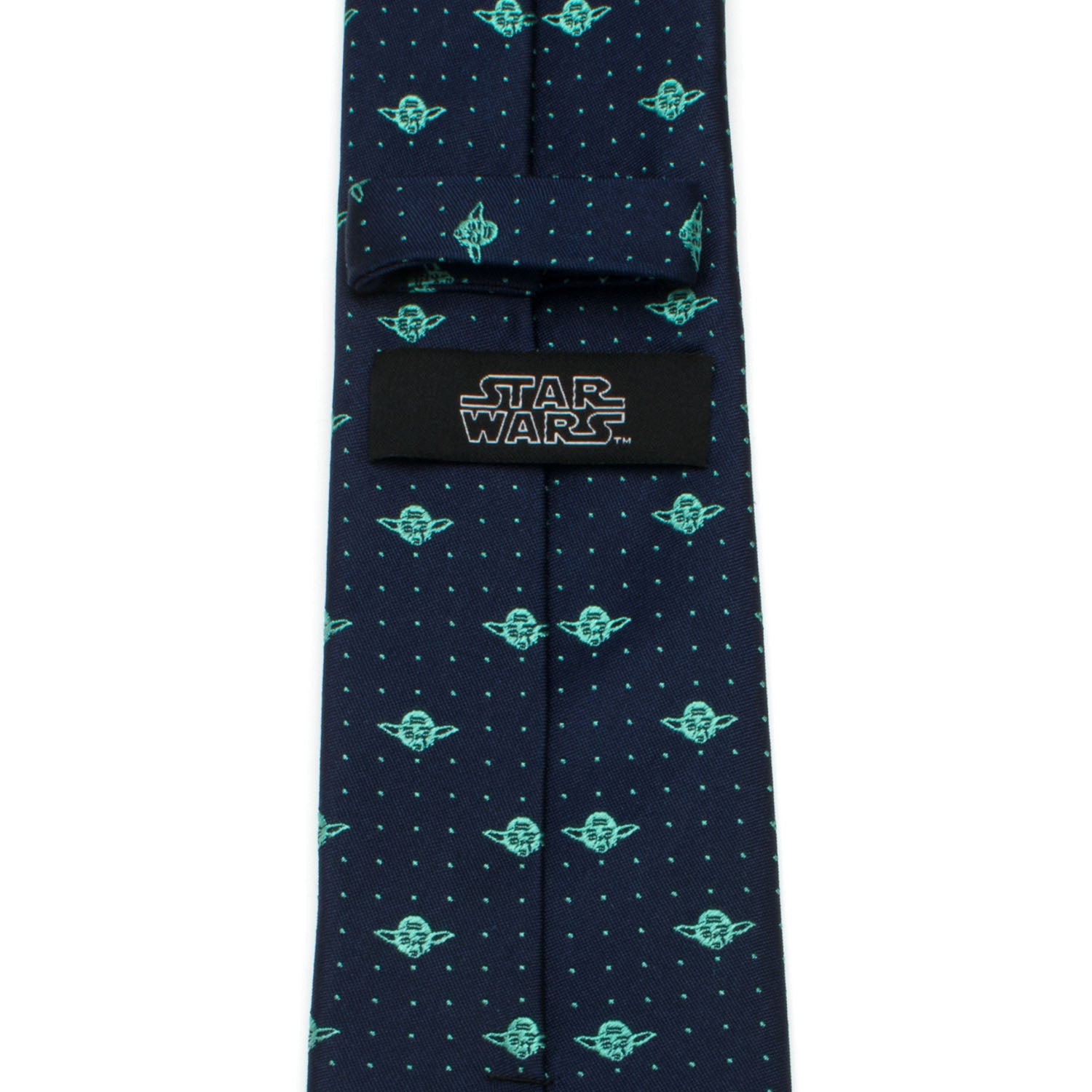 The Star Wars Yoda Dotted Navy Tie by Cufflinks.com features a playful pattern of small green Grogu faces and dotted accents—a fun accessory for Star Wars fans.