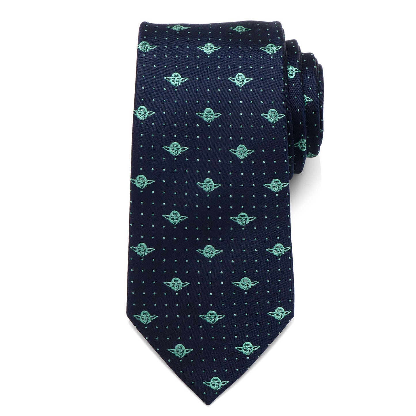 The Star Wars Yoda Dotted Navy Tie by Cufflinks.com features a playful pattern of small green Grogu faces and dotted accents—a fun accessory for Star Wars fans.