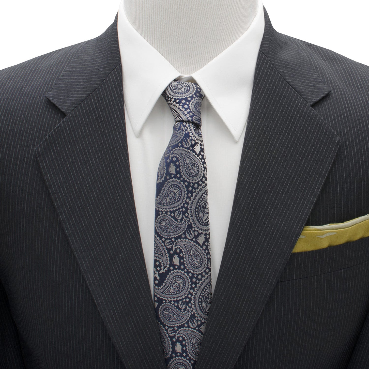 The Star Wars Yoda Navy Paisley Tie by Cufflinks.com features a navy silk background with a silver paisley and star design, subtly inspired by Star Wars style.