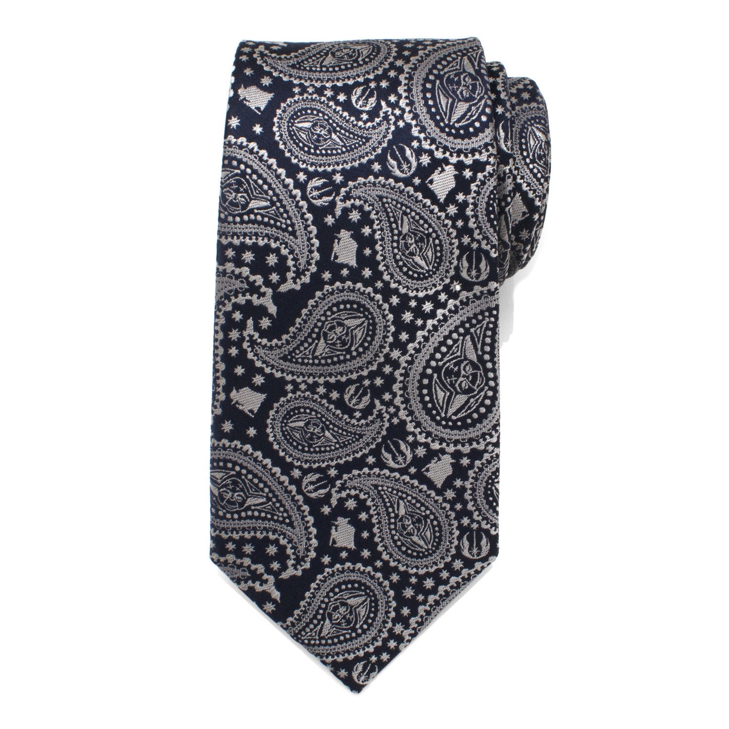 The Star Wars Yoda Navy Paisley Tie by Cufflinks.com features a navy silk background with a silver paisley and star design, subtly inspired by Star Wars style.