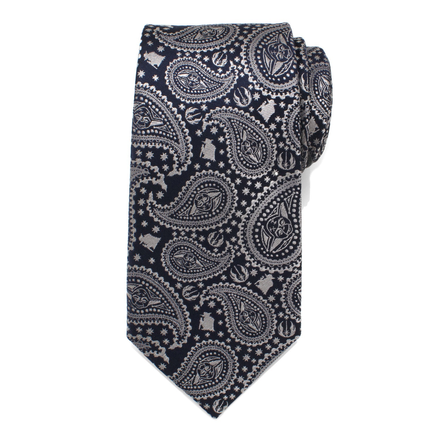 The Star Wars Yoda Navy Paisley Tie by Cufflinks.com features a navy silk background with a silver paisley and star design, subtly inspired by Star Wars style.