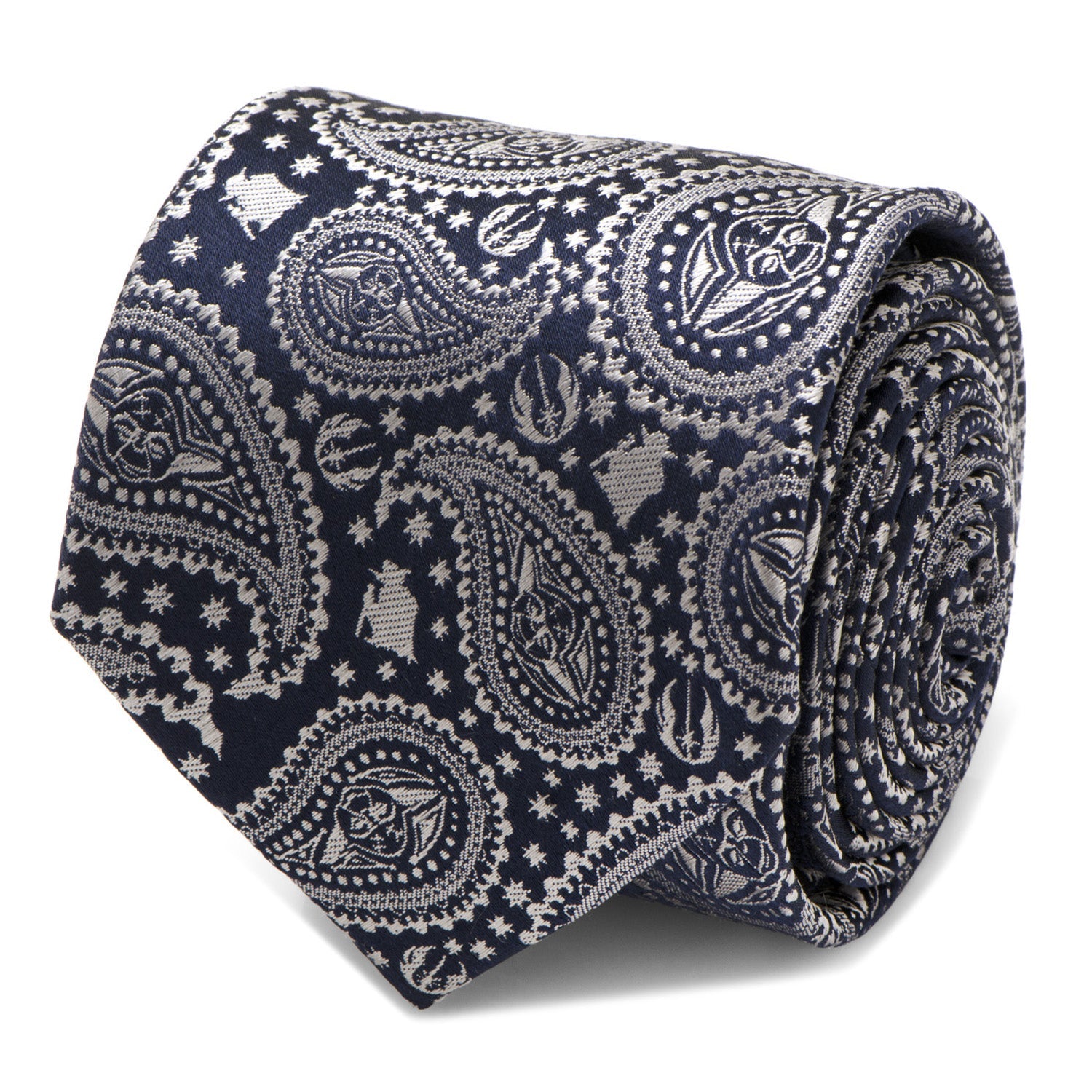 The Star Wars Yoda Navy Paisley Tie by Cufflinks.com features a navy silk background with a silver paisley and star design, subtly inspired by Star Wars style.