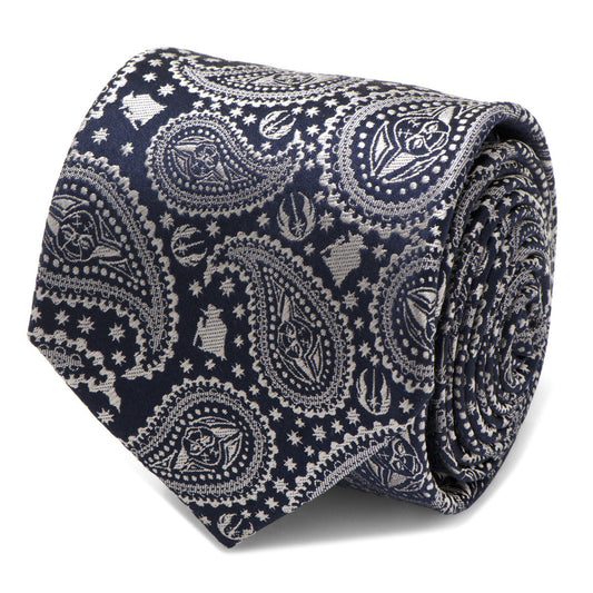 The Star Wars Yoda Navy Paisley Tie by Cufflinks.com features a navy silk background with a silver paisley and star design, subtly inspired by Star Wars style.