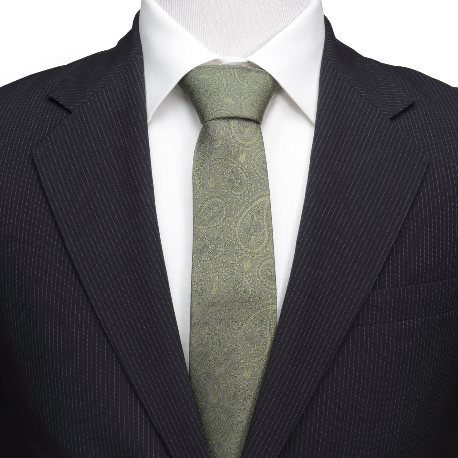 The Star Wars Yoda Sage Green Silk Tie by Cufflinks.com, featuring a paisley pattern and Jedi symbols, is shown rolled up on a white background.