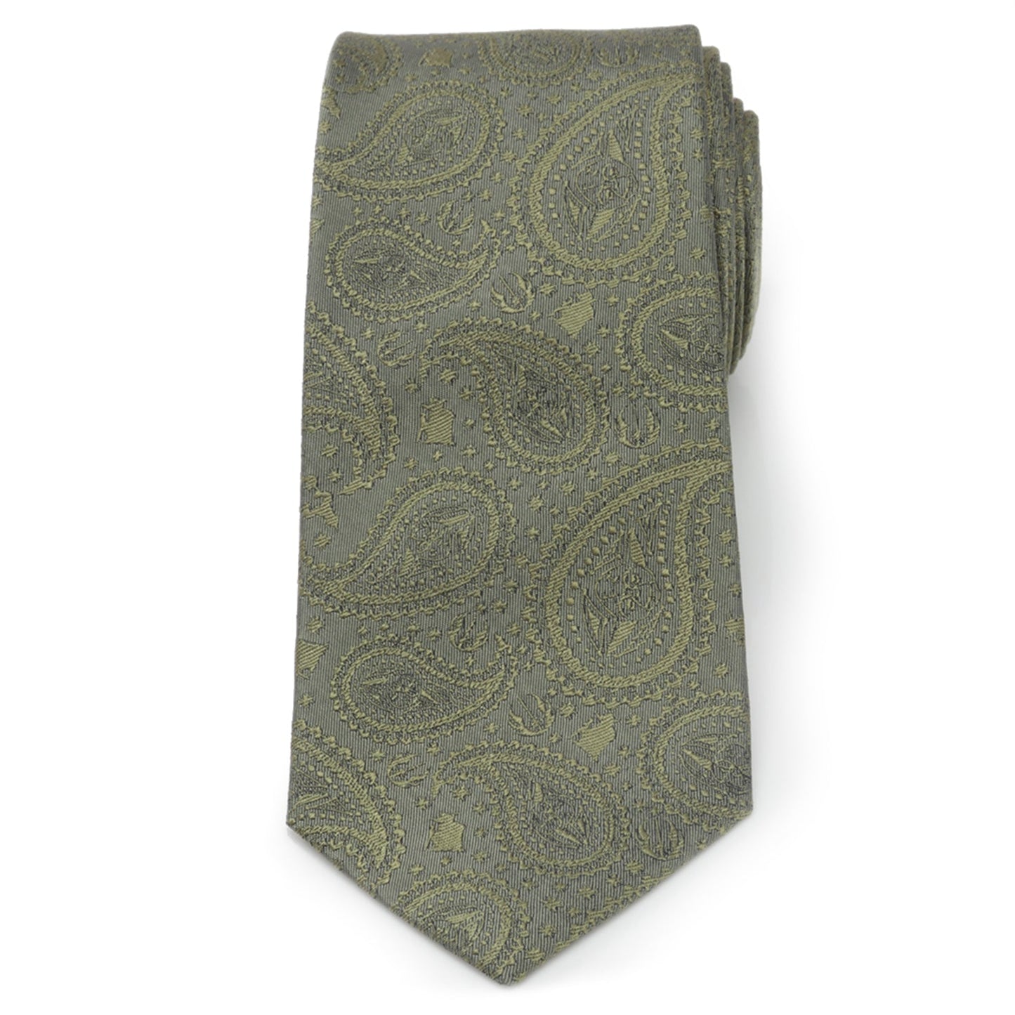 The Star Wars Yoda Sage Green Silk Tie by Cufflinks.com, featuring a paisley pattern and Jedi symbols, is shown rolled up on a white background.