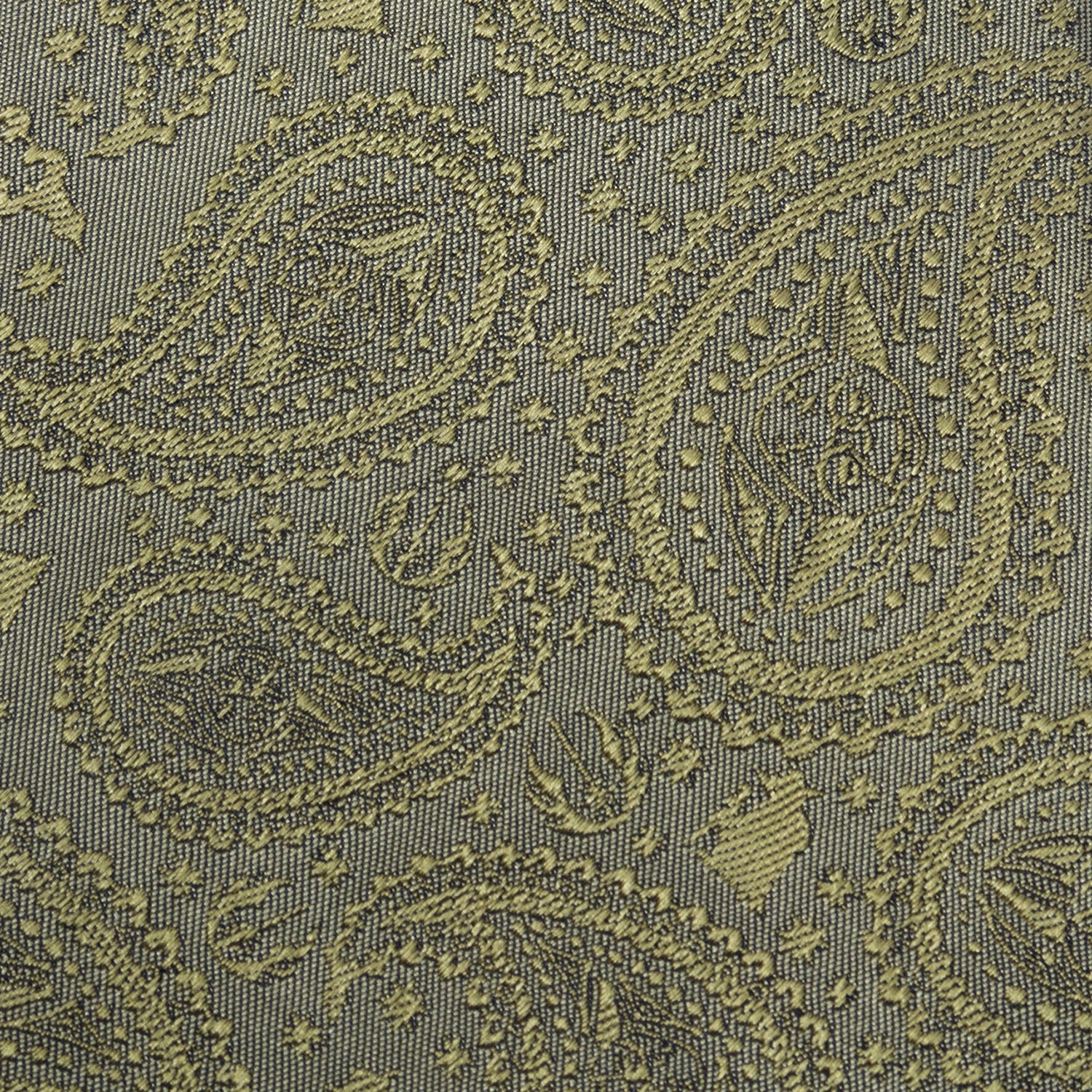 The Star Wars Yoda Sage Green Silk Tie by Cufflinks.com, featuring a paisley pattern and Jedi symbols, is shown rolled up on a white background.