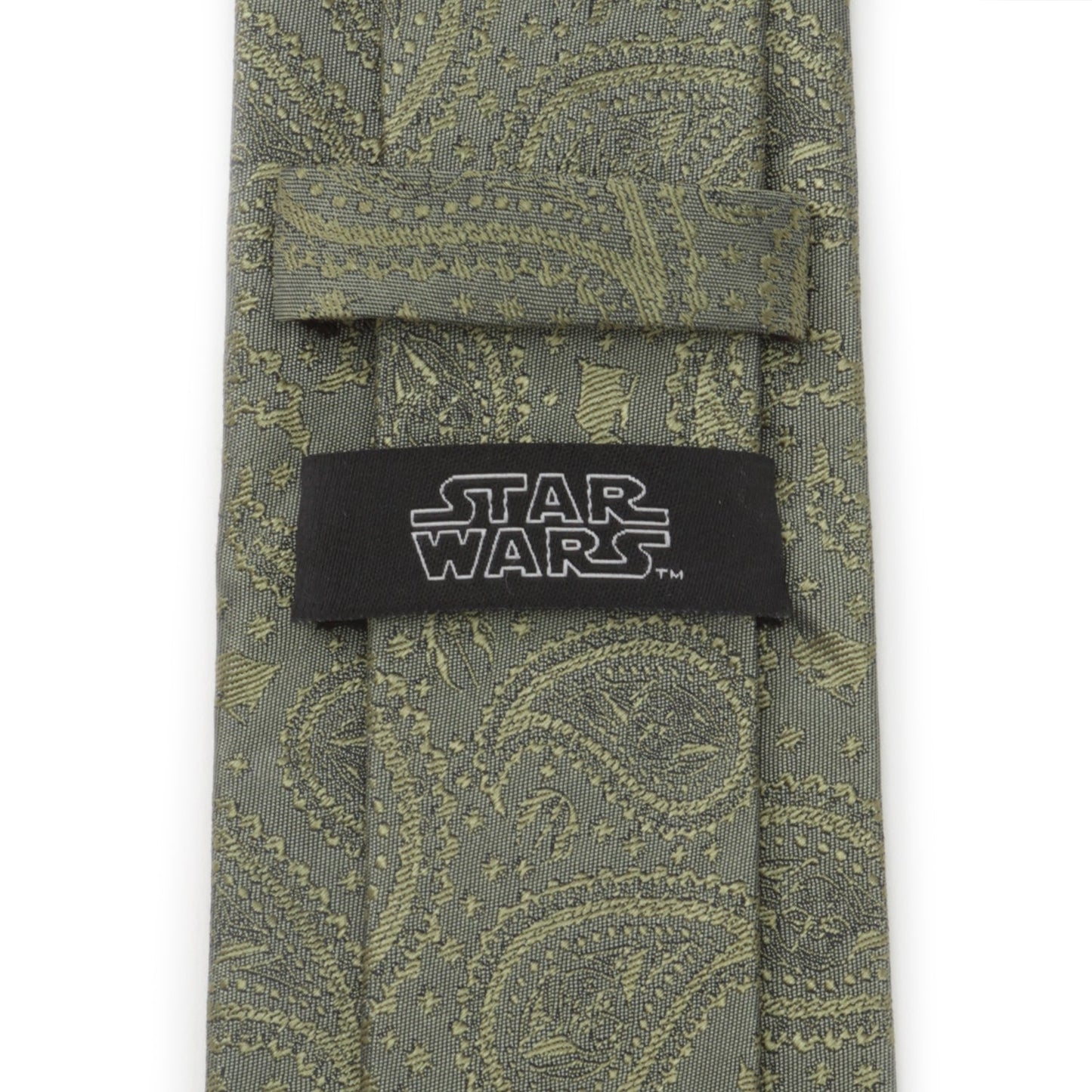 The Star Wars Yoda Sage Green Silk Tie by Cufflinks.com, featuring a paisley pattern and Jedi symbols, is shown rolled up on a white background.