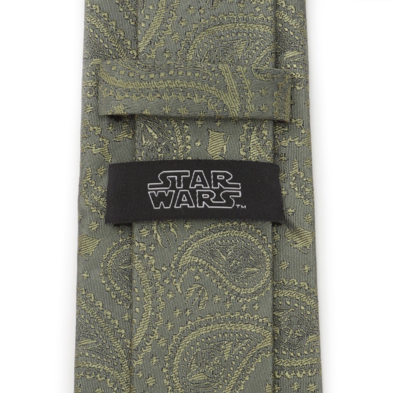 The Star Wars Yoda Sage Green Silk Tie by Cufflinks.com, featuring a paisley pattern and Jedi symbols, is shown rolled up on a white background.