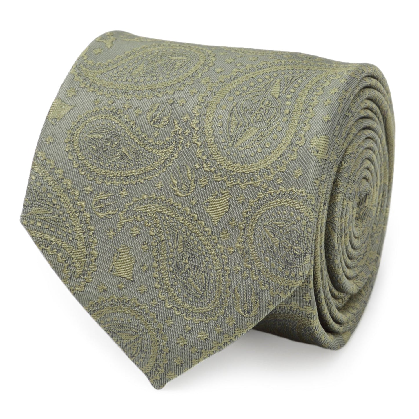 The Star Wars Yoda Sage Green Silk Tie by Cufflinks.com, featuring a paisley pattern and Jedi symbols, is shown rolled up on a white background.