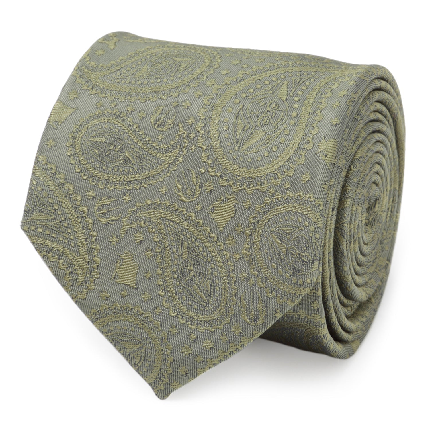 The Star Wars Yoda Sage Green Silk Tie by Cufflinks.com, featuring a paisley pattern and Jedi symbols, is shown rolled up on a white background.