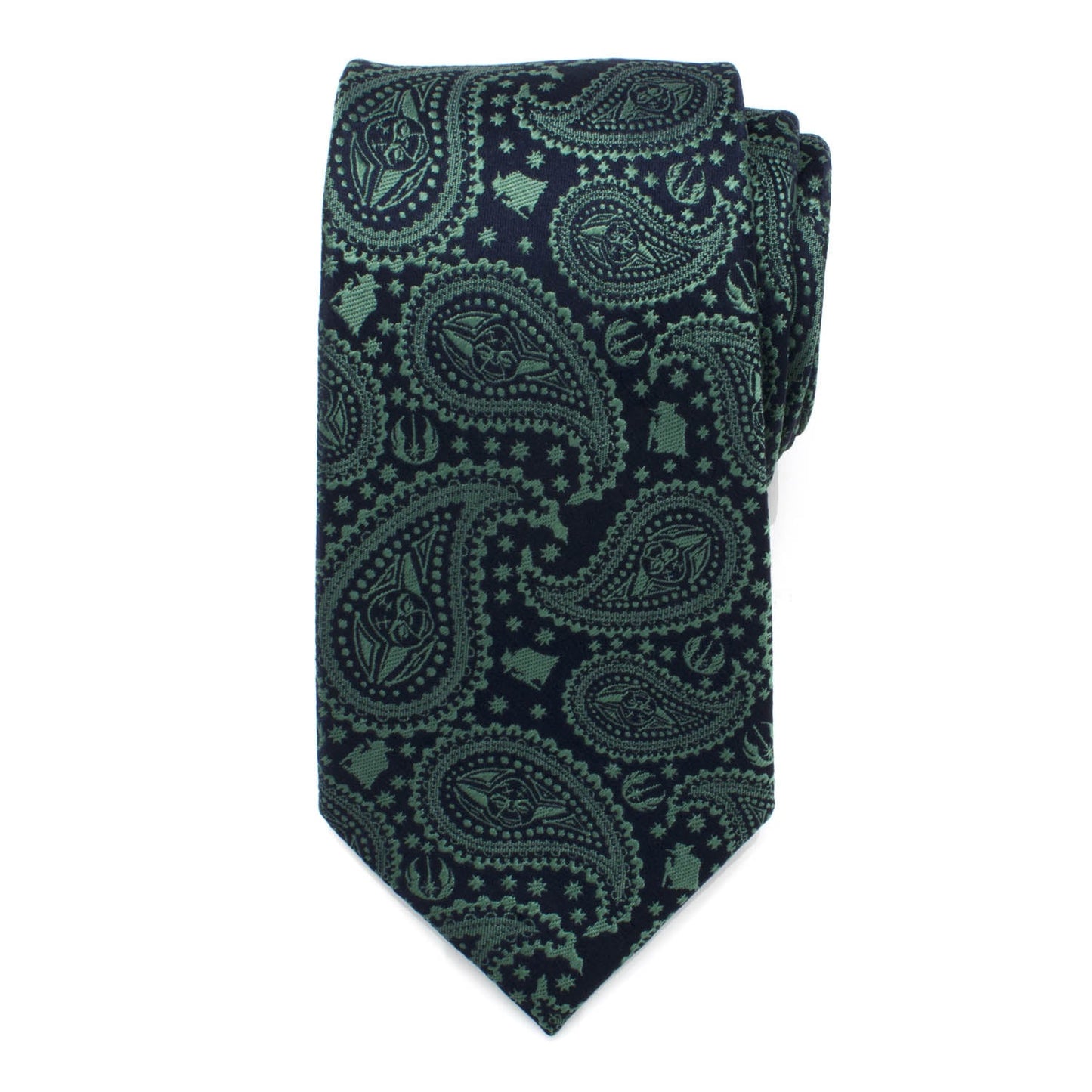 The Star Wars Yoda Green and Blue Paisley Tie by Cufflinks.com features an officially licensed paisley design with Yoda and spaceships in green and navy blue.