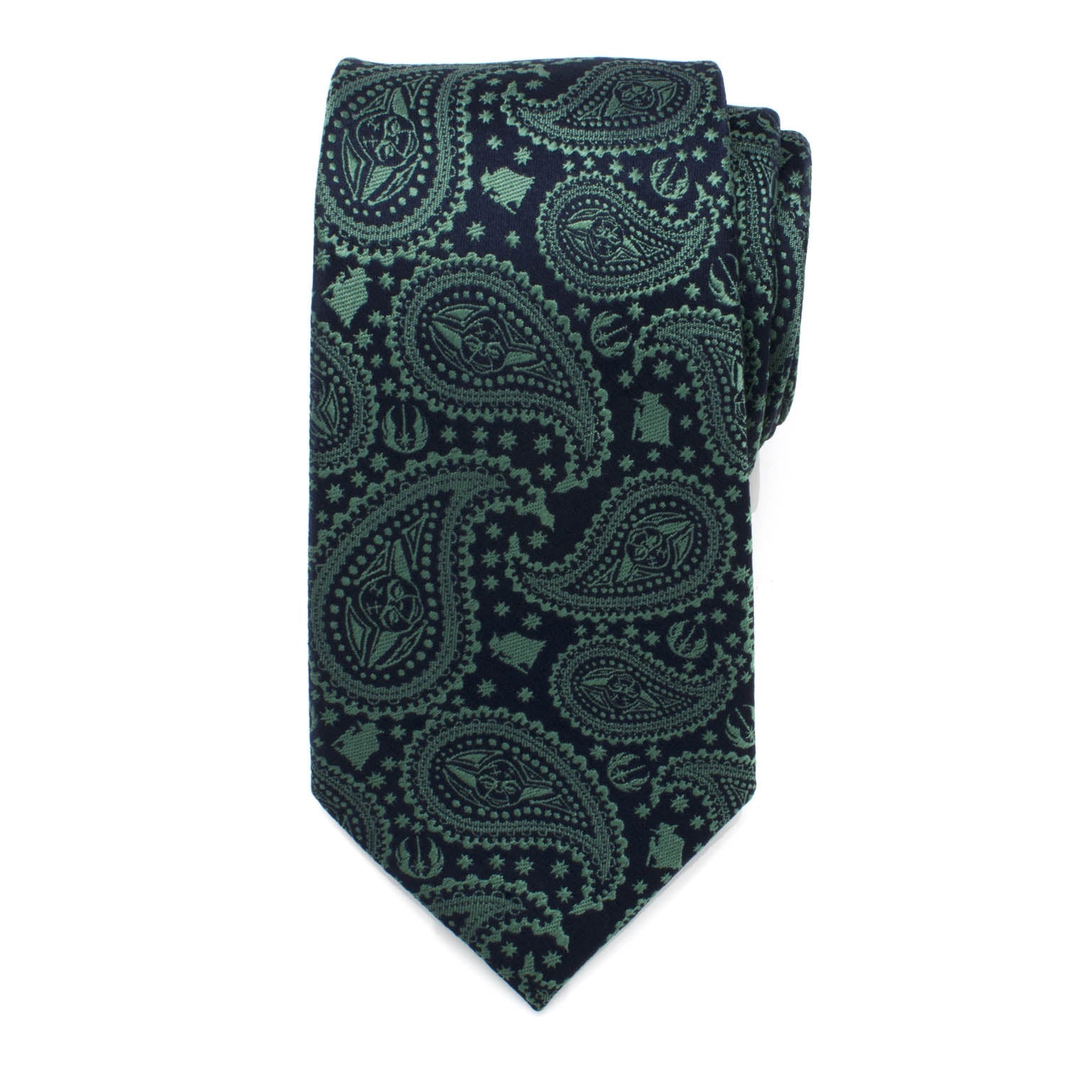 The Star Wars Yoda Green and Blue Paisley Tie by Cufflinks.com features an officially licensed paisley design with Yoda and spaceships in green and navy blue.