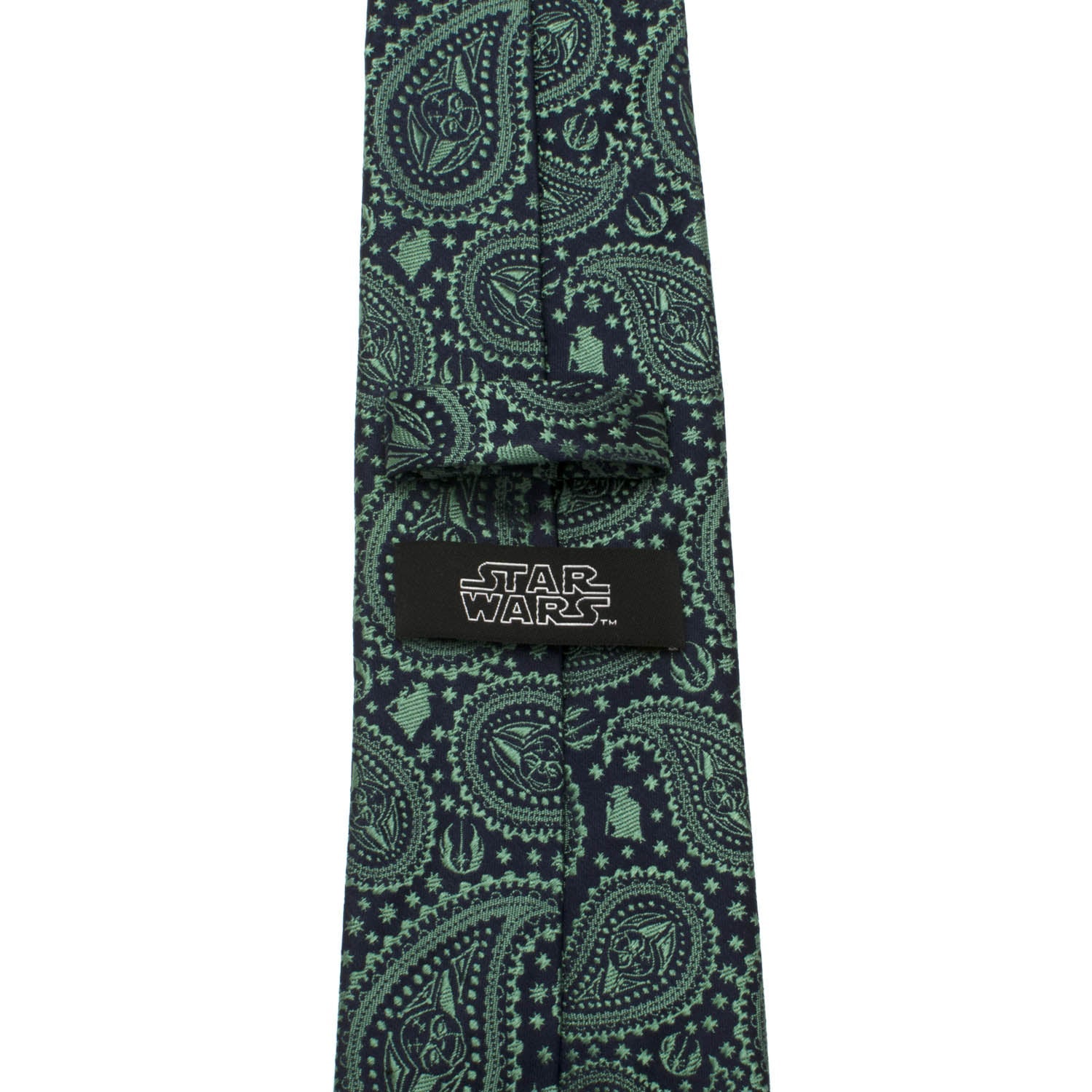 The Star Wars Yoda Green and Blue Paisley Tie by Cufflinks.com features an officially licensed paisley design with Yoda and spaceships in green and navy blue.