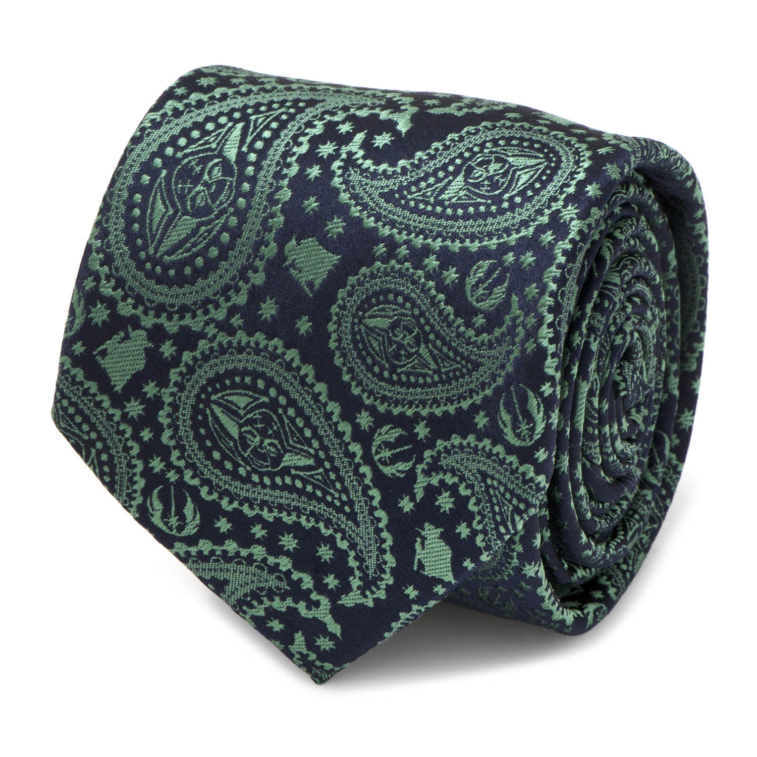 The Star Wars Yoda Green and Blue Paisley Tie by Cufflinks.com features an officially licensed paisley design with Yoda and spaceships in green and navy blue.