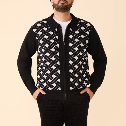 A man models the Inserch Geometric Full Zip Sweater SW908-00001 Black, featuring black sleeves, against a plain beige background.