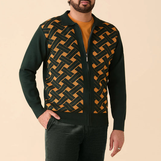 A man wears the Inserch Geometric Full Zip Sweater SW908-00021 in hunter green, featuring a woven geometric pattern on the front, paired with dark corduroy pants and a mustard-colored shirt.