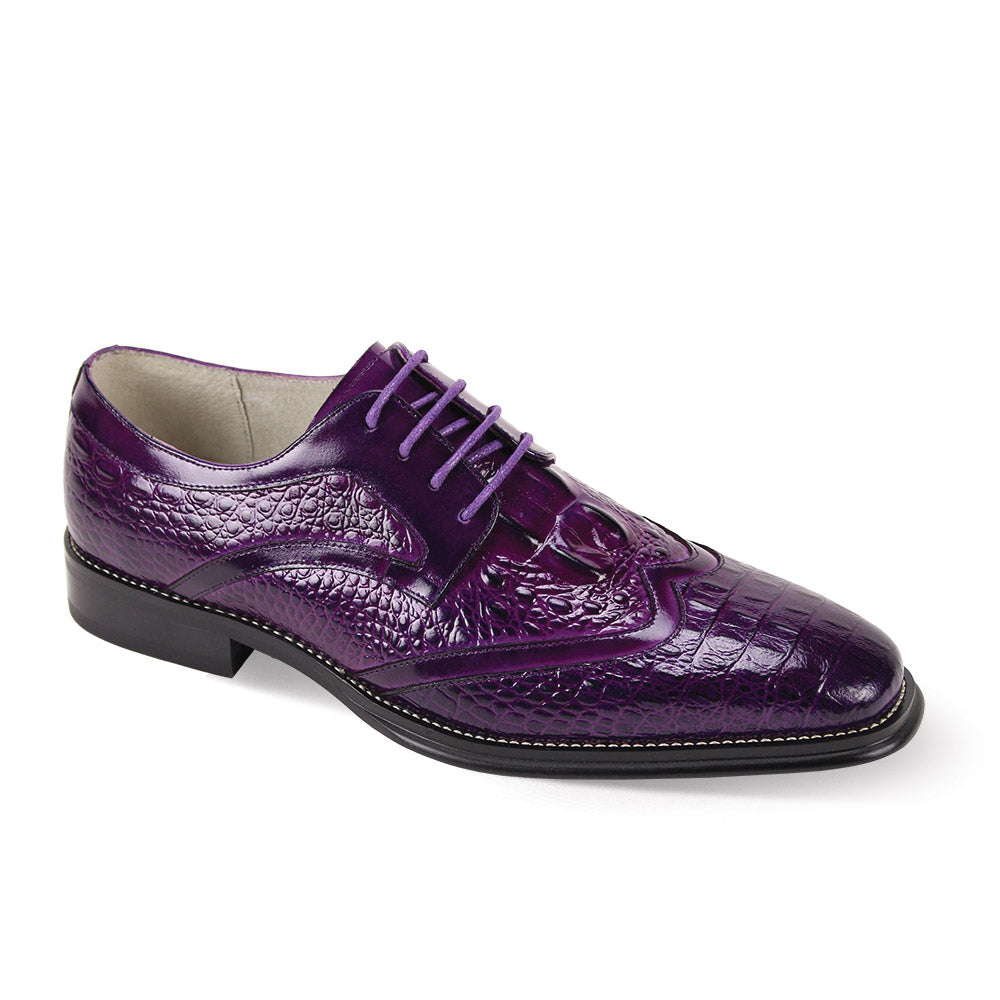 Giovanni Shane Purple Leather Shoes by GIOVANNI, featuring a crocodile-patterned leather design with lace-up styling, wingtip detailing, and a black sole.