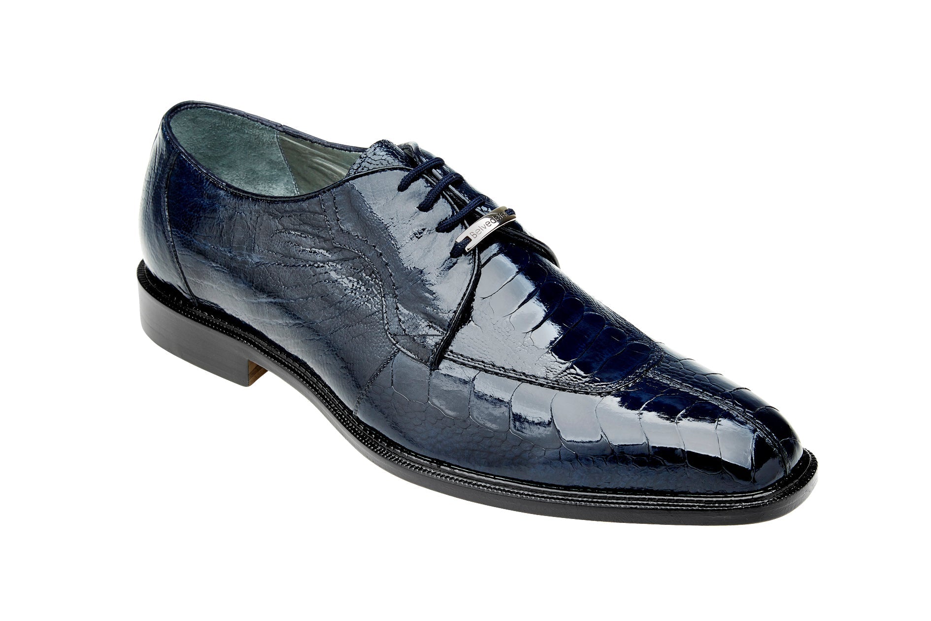 The BELVEDERE Siena is a genuine ostrich leg dress shoe in navy (1463), shown from top and bottom views, with a detailed sole featuring markings and branding.