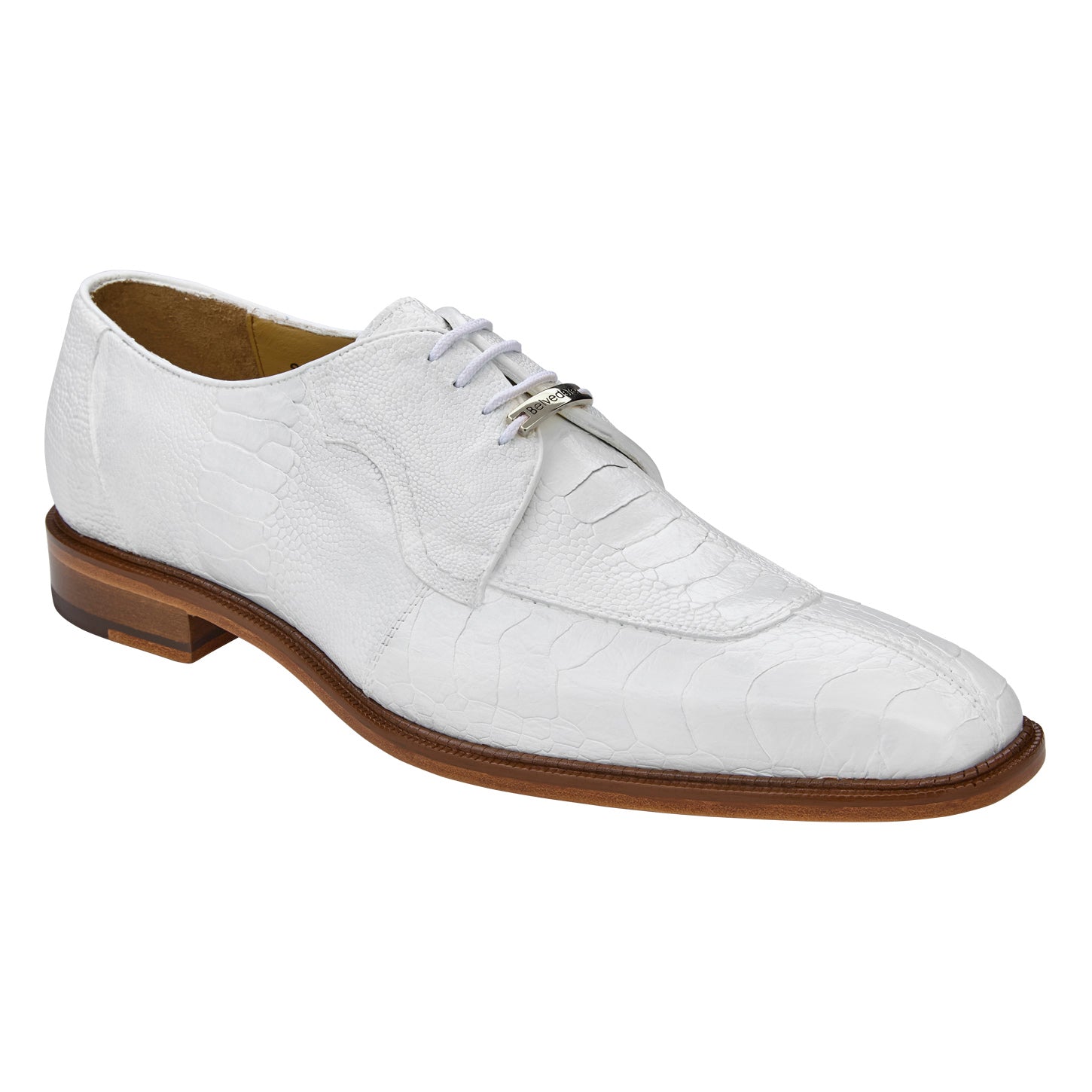 The BELVEDERE Siena, Genuine Ostrich Leg Dress Shoe in white (1463), features a moc toe, brown wooden sole, white laces, and soft leather lining, shown from the side.