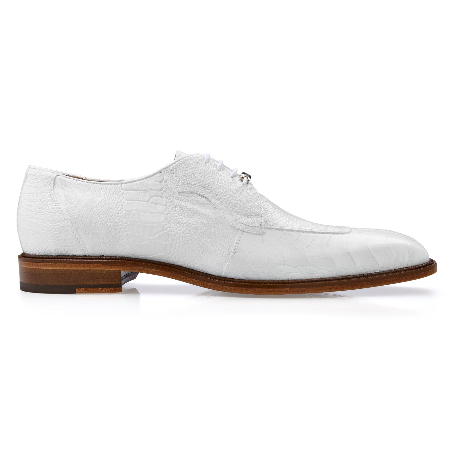 The BELVEDERE Siena, Genuine Ostrich Leg Dress Shoe in white (1463), features a moc toe, brown wooden sole, white laces, and soft leather lining, shown from the side.
