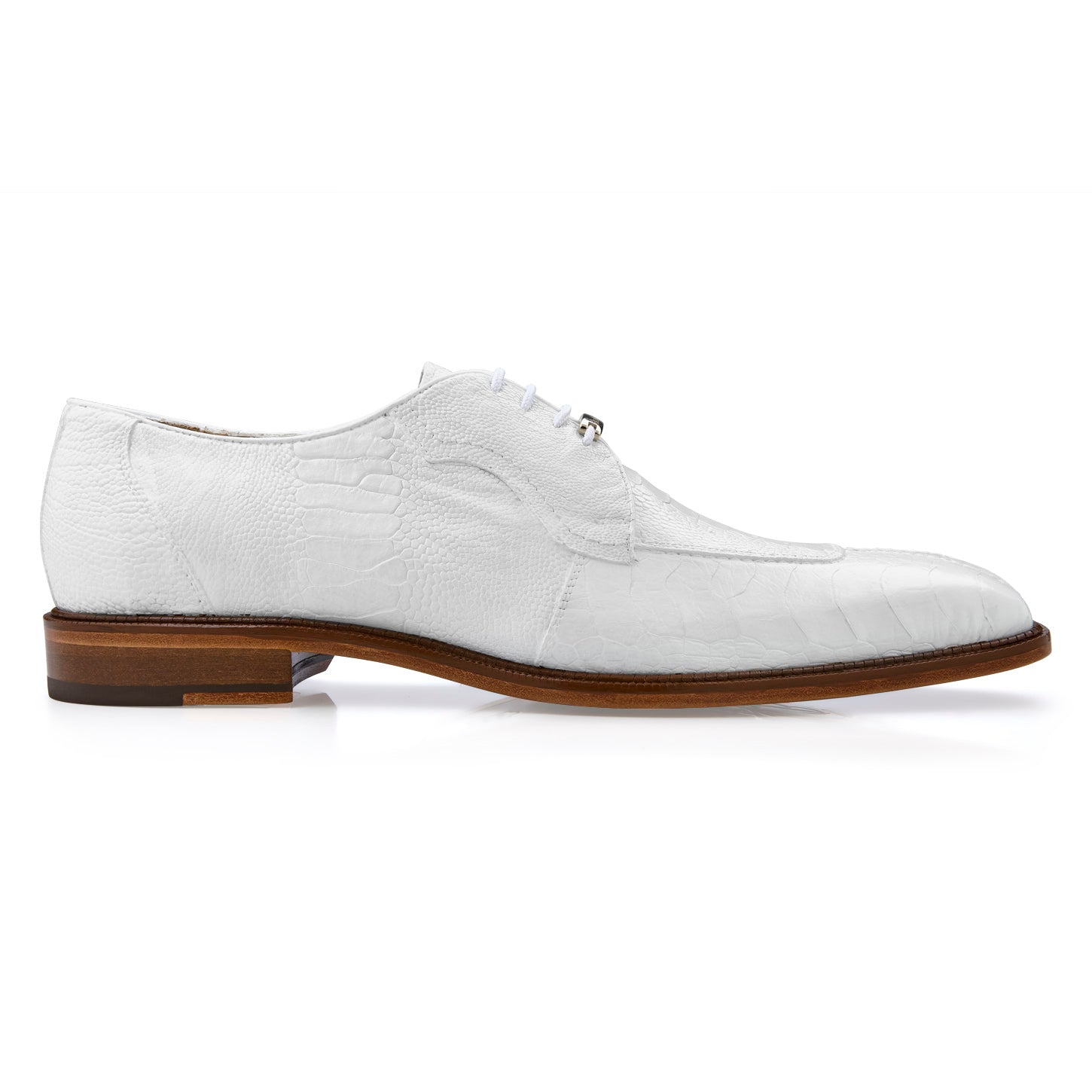 The BELVEDERE Siena, Genuine Ostrich Leg Dress Shoe in white (1463), features a moc toe, brown wooden sole, white laces, and soft leather lining, shown from the side.
