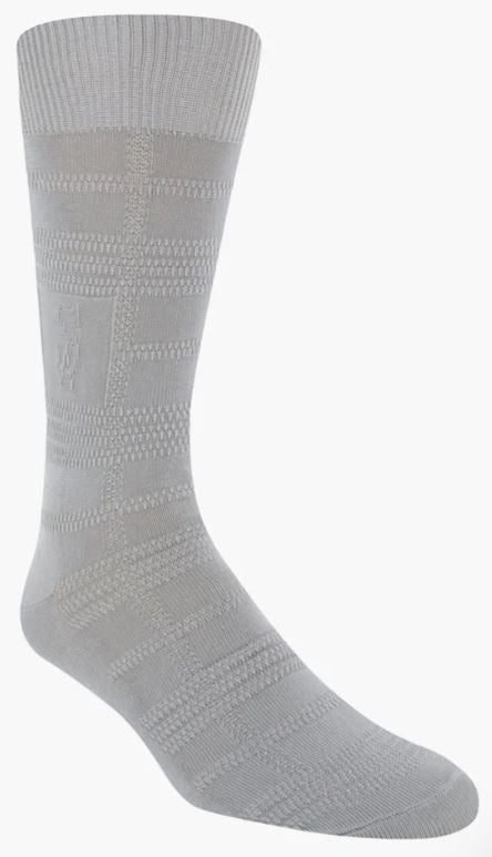 The Stacy Adams Tonal Plaid Silver Dress Sock by ORIGINS features a gray knee-high design with a plaid pattern and a subtle emblem on the side, made for men's sizes 8-13, displayed against a white background.