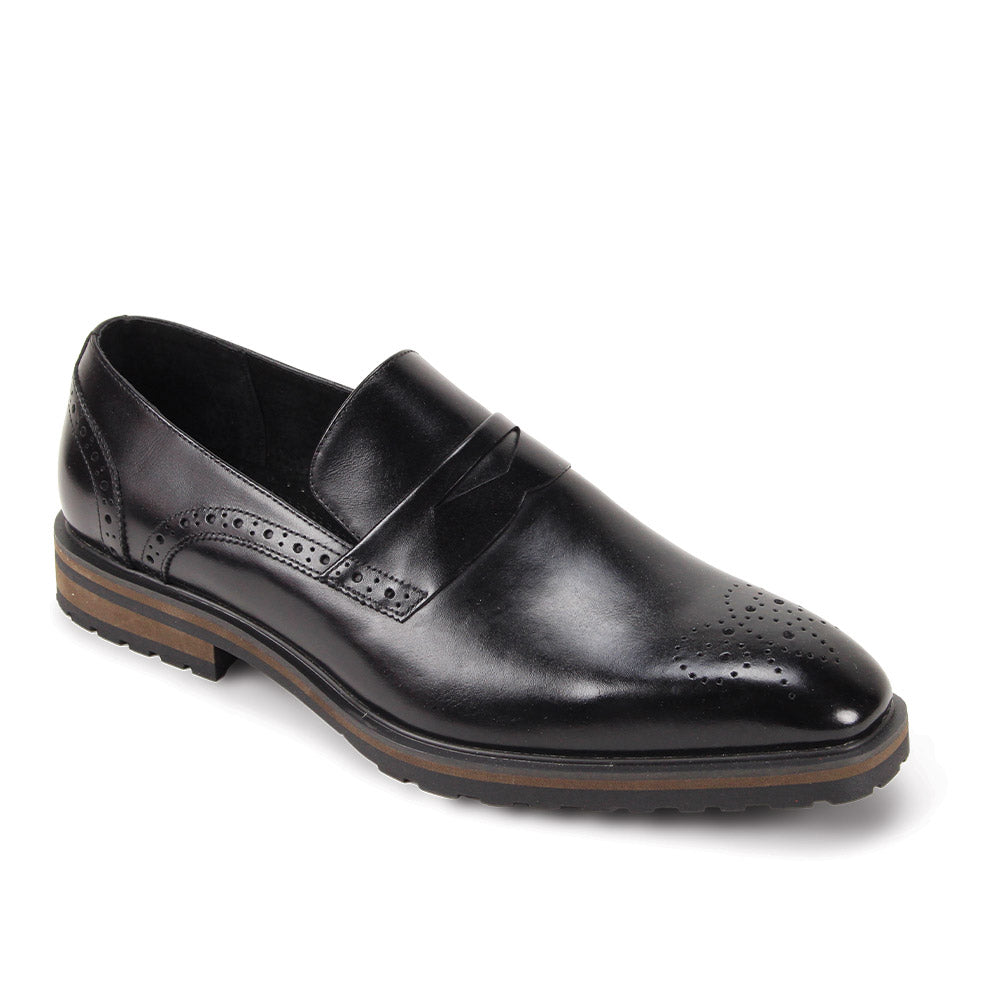 The GIOVANNI Giovanni Silvio Black Leather Shoes feature slip-on styling, brogue detailing, a brown layered sole, and a low heel, shown here against a white background.