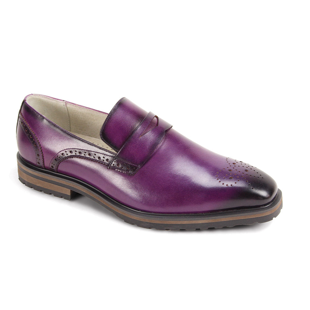 The GIOVANNI Silvio Purple Leather Shoes feature a single slip-on loafer design with a brown sole, decorative perforated toe, and visible stitching.