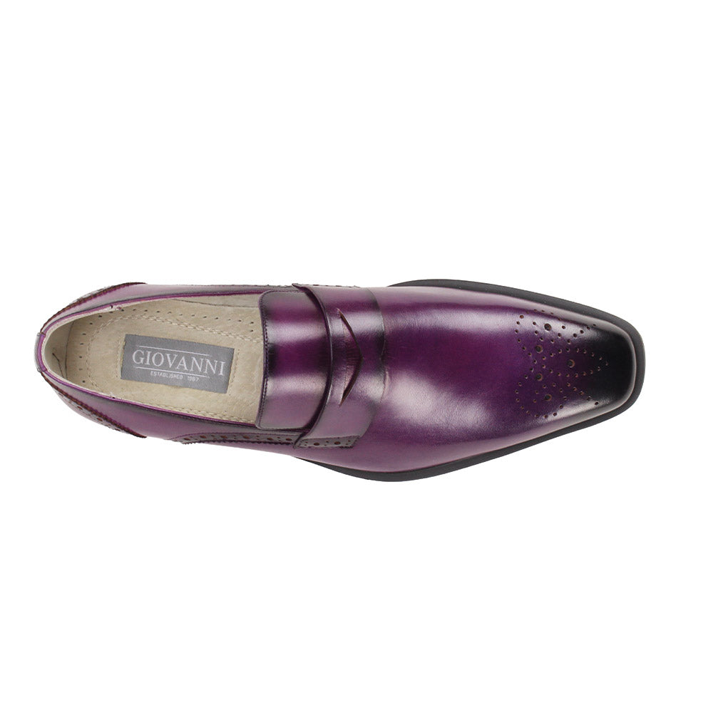 The GIOVANNI Silvio Purple Leather Shoes feature a single slip-on loafer design with a brown sole, decorative perforated toe, and visible stitching.