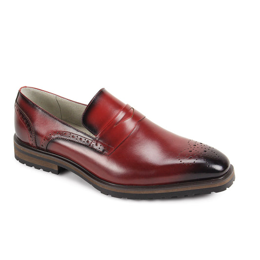 The GIOVANNI Giovanni Silvio Wine Leather Shoes feature a single slip-on loafer in wine leather with a plain toe, brogue details, low heel, and rugged rubber sole.