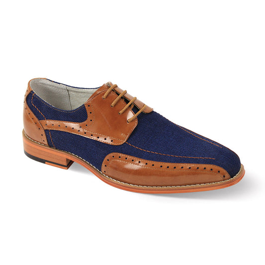 The Giovanni Simon Tan/Blue Leather Shoes by GIOVANNI are men's brogues with a bike toe, blending blue fabric and brown leather, featuring lace-up closure and decorative perforations.