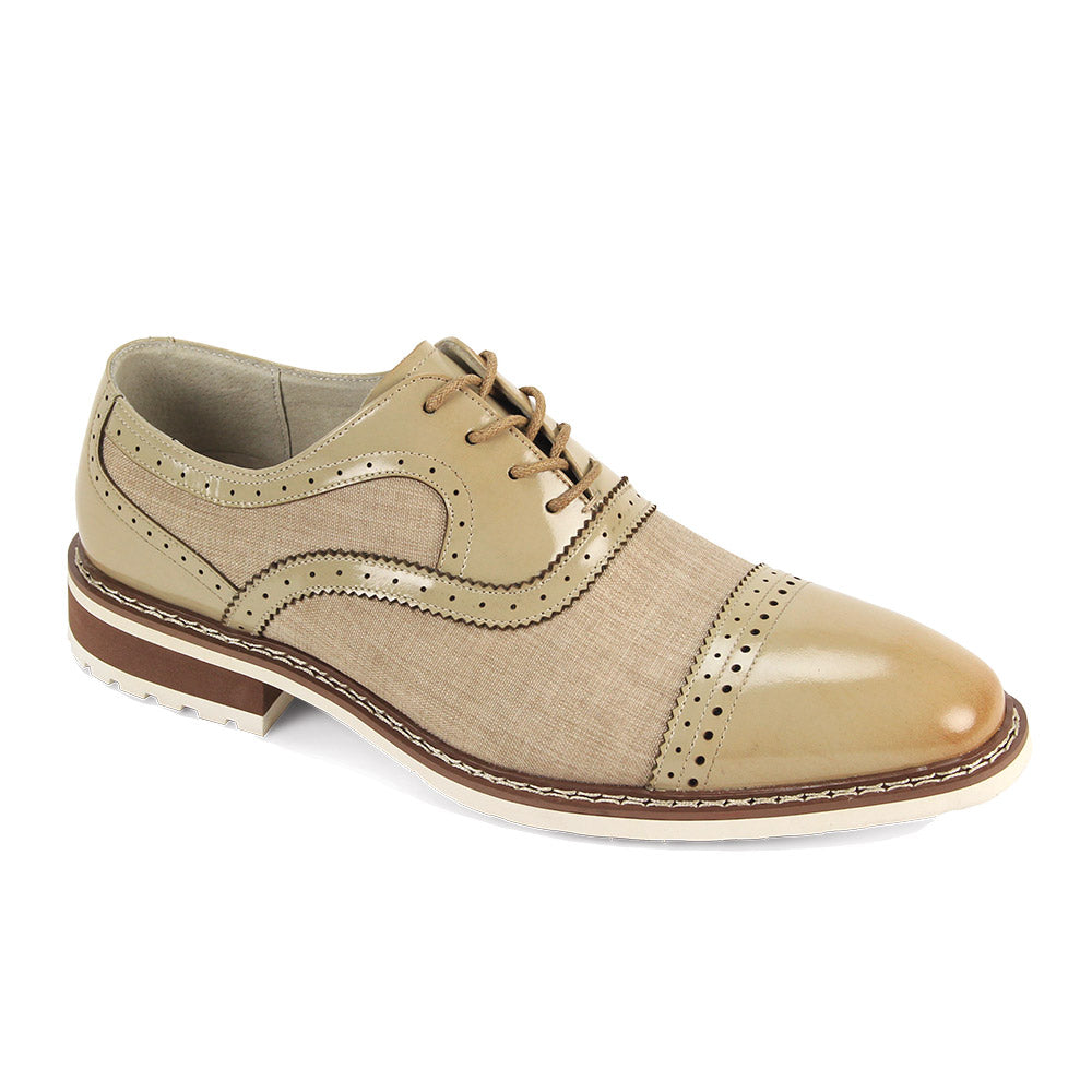 The Giovanni Sinclair Oyster Leather Shoes by GIOVANNI are men’s beige and tan dress shoes with brogue detailing, perforated cap toe, genuine leather and fabric panels, lace-up closure, and a low stacked heel.