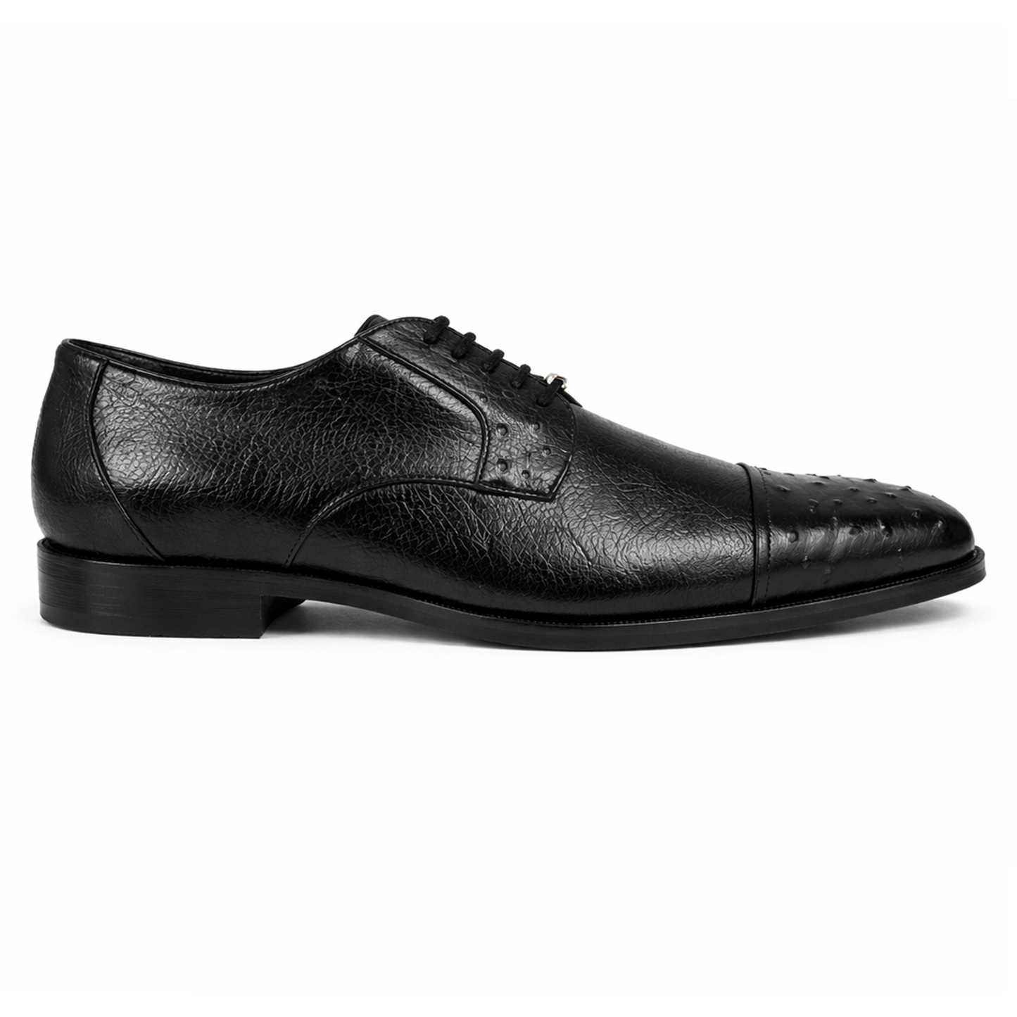 The Belvedere Spada 114008, a genuine black ostrich leather shoe by BELVEDERE, features laces and textured patterns on the toe and sides, shown against a white background.