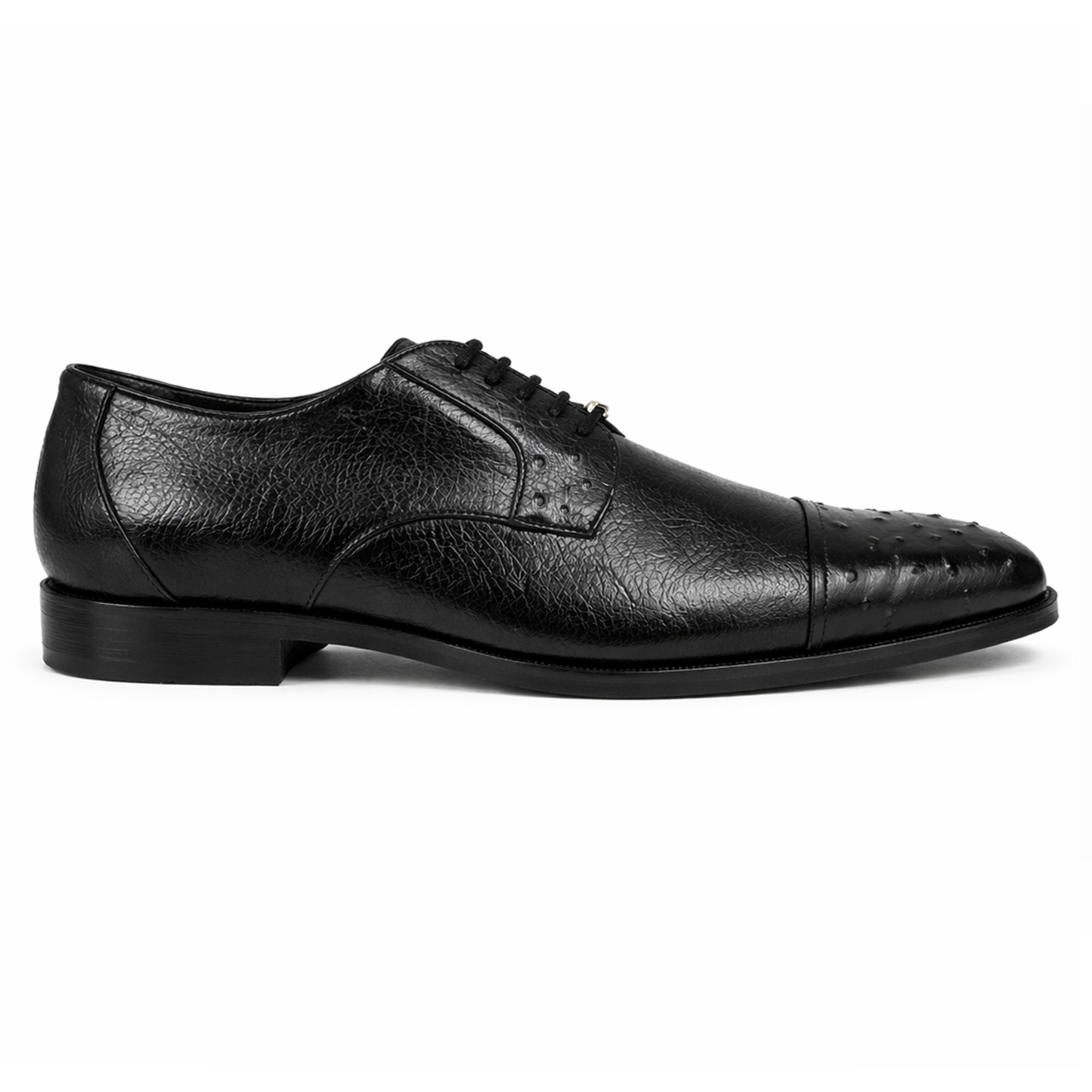 The Belvedere Spada 114008, a genuine black ostrich leather shoe by BELVEDERE, features laces and textured patterns on the toe and sides, shown against a white background.