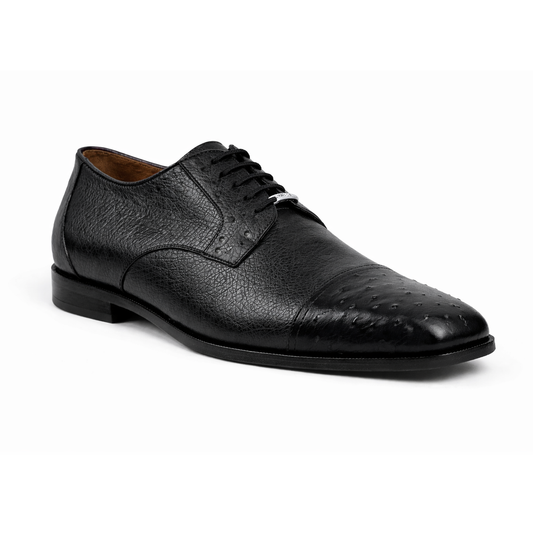 The Belvedere Spada 114008, a genuine black ostrich leather shoe by BELVEDERE, features laces and textured patterns on the toe and sides, shown against a white background.