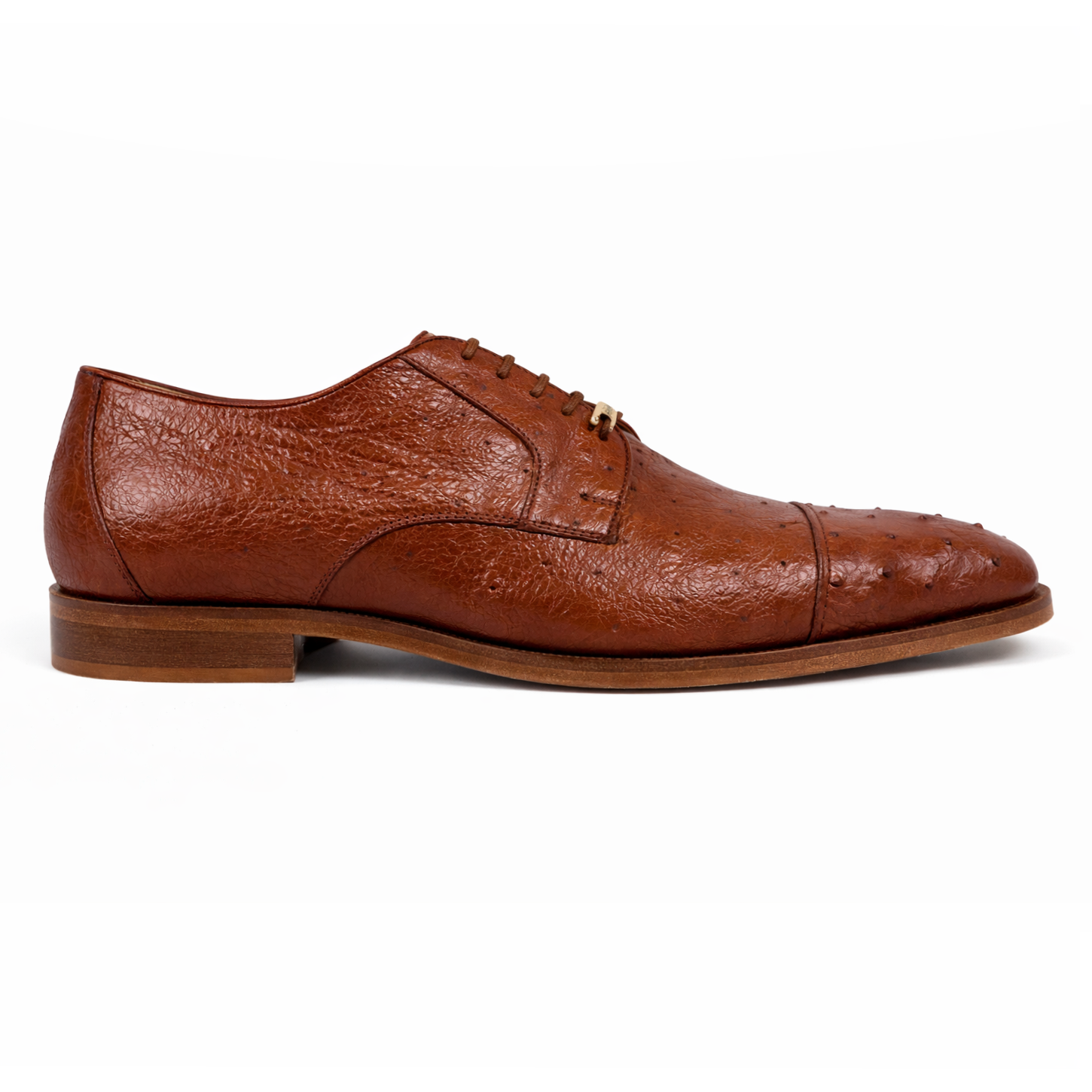 The Belvedere Spada 114008 is a brandy brown genuine ostrich leather dress shoe with laces, a low heel, and textured finish from BELVEDERE, displayed against a white background.