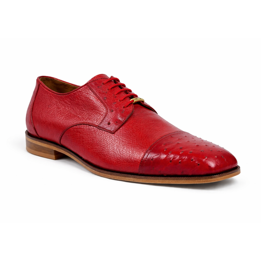 The BELVEDERE Spada 114008 is a genuine red ostrich dress shoe with a wooden sole and embossed toe detailing, showcased on a white background.